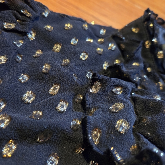 Vintage Bebe 72% Silk Gold Metallic Dot Blouse XS Black Y2K Ruffle Party Top - Picture 7 of 13